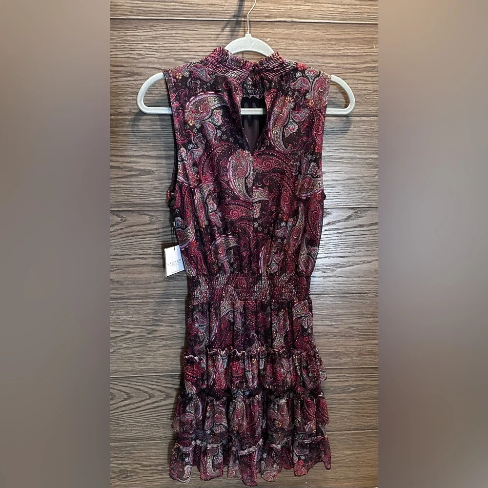 Laundry By Shelli Segal Burgundy and Pink Paisley Mini Dress - Picture 2 of 3
